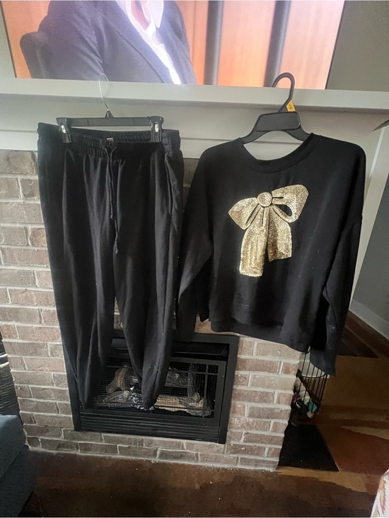 Philosophy Pants - Philosophy Black Sweatshirt with Gold Sequin Bow Accent